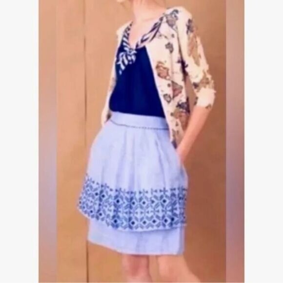 Anthropologie Odile Alphine Dream Blue Tiered Ruffle Embroidered Detail Skirt-10 - Picture 1 of 9